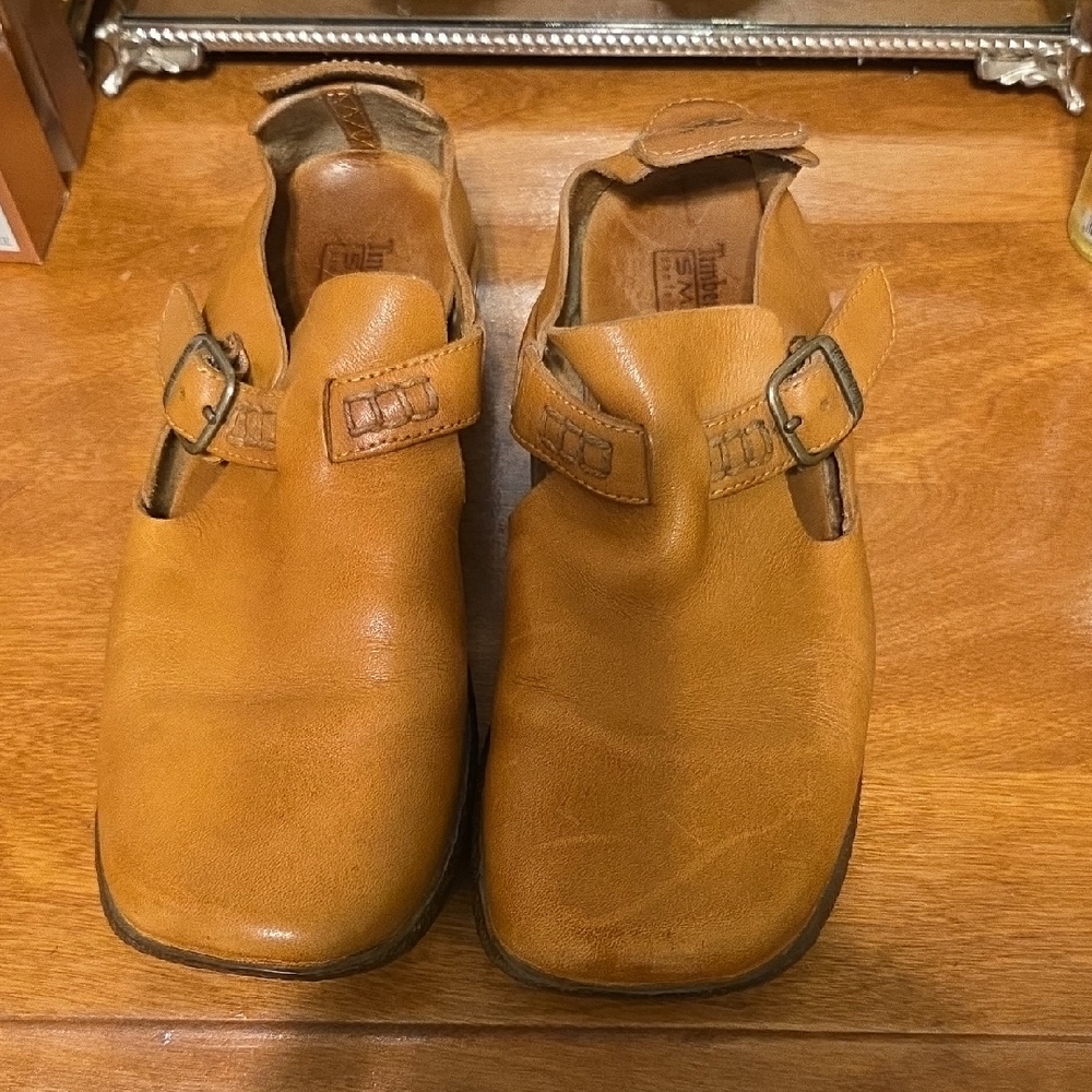 Women’s Tan Leather Moccasin Clogs with Buckle Strap
